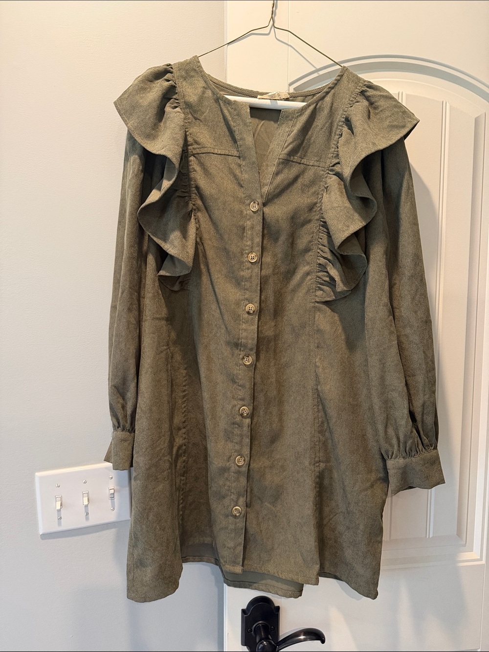 entro Olive Green Ruffle-Trim Button-Front Long Sleeve Dress